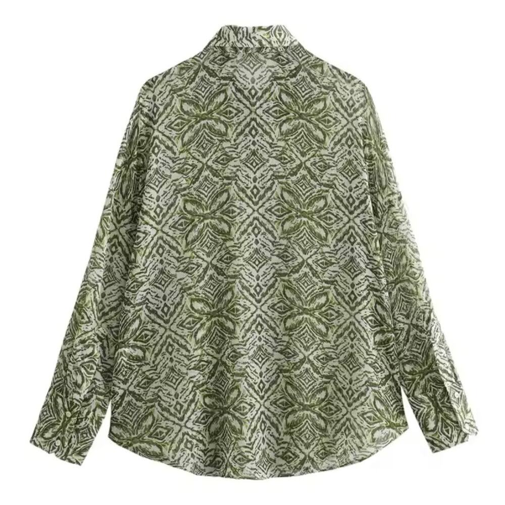 Zara Flowy Lightweight Green and White Abstract Print Long Sleeve Blouse - Picture 3 of 12